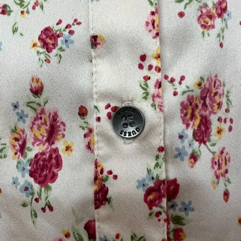 Guess Women's Small White Pink Floral Lace Detail Button Down Shirt Top Romantic - Picture 8 of 12